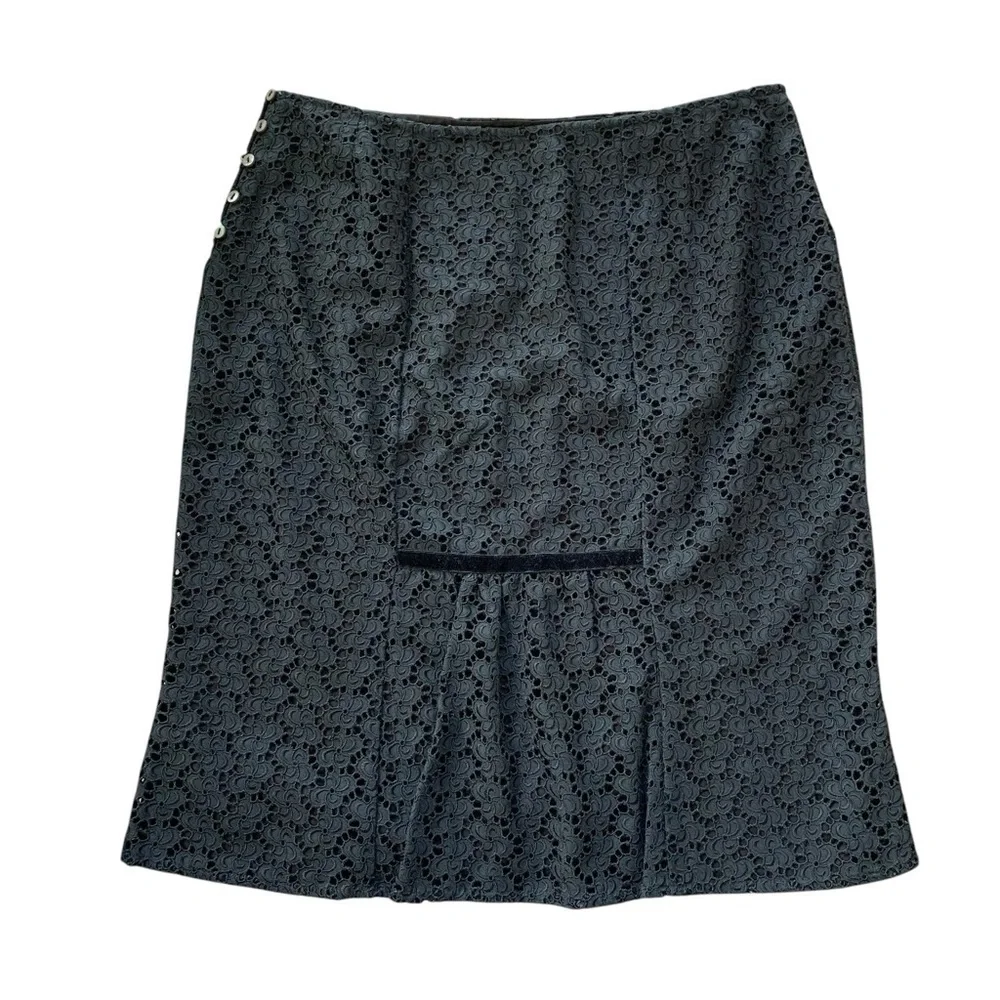 Beth Bowley Anthropologie Eyelet Velvet Trim Buttoned Pencil Skirt Black Size 8